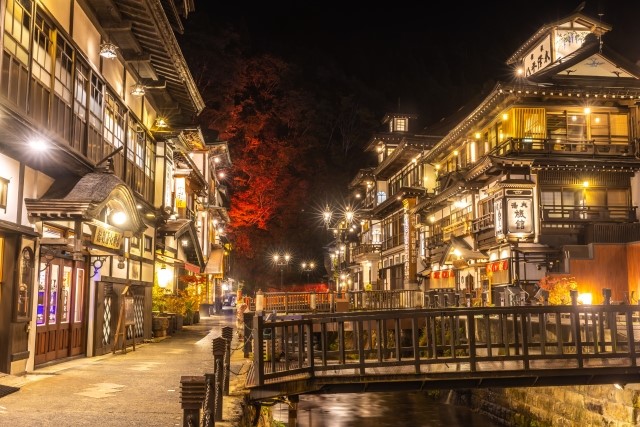 Night view of Ginzan Onsen